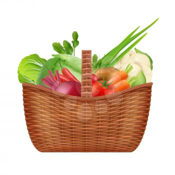 Vegetables basket. Realistic picnic decorative container basket for natural healthy vegetables isolated on white. Picnic basket with fresh vegetable illustration
