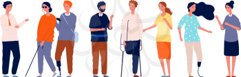People together. Different person characters, socialization of disabled man woman. Crowd friends vector concept. Illustration disability and handicapped society