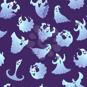 Ghost pattern. Spooky poltergeist or little ghosts halloween illustrations for textile design projects vector scary seamless background. Scary ghoul, spooky poltergeist pattern