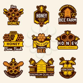 Honey logo. Apiary badges bee signs for organic healthy natural food vector templates. Organic natural food, healthy honeycomb illustration