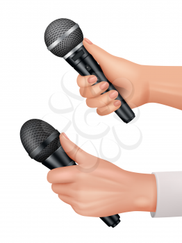 Microphones in hands. Interviewer equipment news audience dialog vector proffesional items realistic. Microphone interview equipment for speech broadcasting illustration