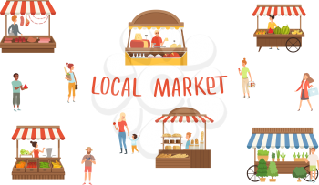 Local market. Food festival, sellers and customers. Summer street stalls vector illustration. Local market, stand kiosk with meat and milk