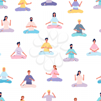 Meditation people pattern. Women men doing yoga vector seamless background. Meditation and fitness health, position balance illustration