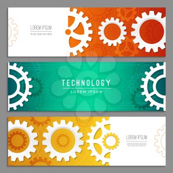 Cogwheels banners. Abstract background with gears machinery industry parts vector header templates. Illustration cogwheel mechanical industrial and engineering banner