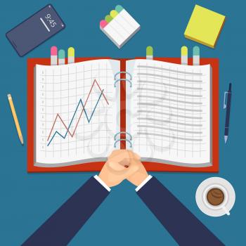 Financial performance. Work diary with graphs top view, investment project. Businessman at work vector illustration. Table work with coffee and book chart financial
