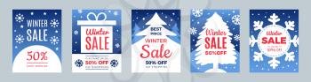New year sale. Season discount, winter best price flyers set. Christmas promo cards vector template. Xmas flyer advertising, promotion holiday discount illustration