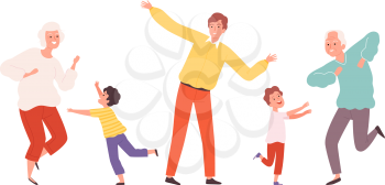 Cute dancing family. Elderly adult and children dencers characters. Happy grandparents and kids vector illustration. Family dance, happy together girl boy and granny