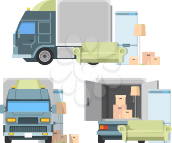 Move container inside truck. Package loading moving from home cargo transportation service vector illustration. Furniture cargo, cardboard delivery move and relocation service