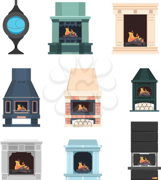 Fireplace. Interior decor electric fireplace from bricks beautiful flame in house relax place vector set. Illustration fireplace electric and burn firewood for interior