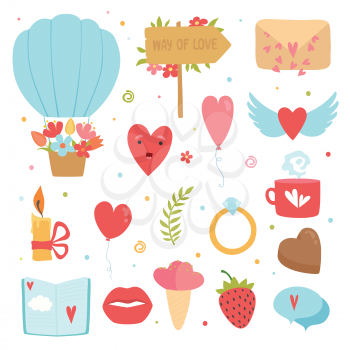 Love concept icons. Romance symbols marriage flowers hearts envelope cake vector flat pictures collection. Illustration romance elements and heart, expression love romantic