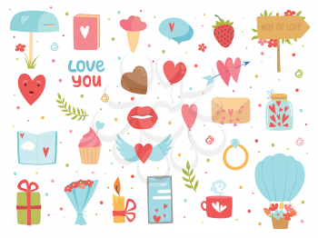 Love and friendship icons. Happy community and relationship romance images hearts flowers vector concept. Love and friendship, romantic valentine, happiness romance, passion illustration