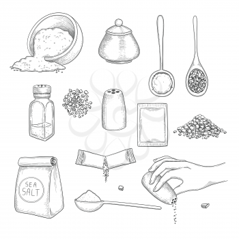 Drawn salt. Eating natural ingredients for preparing food sea crystal salt in packages vector illustrations. Mineral ingredient package, different natural salt for eating and preparation