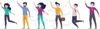 Hello people. Man woman greetings characters, happy flat diverse persons vector set. Illustration friendship waving and greeting