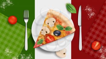 Italian cuisine banner. Pizza on plate, realistic basil tomatoes cutlery. Italy kitchen tasty food, restaurant cafe vector background. Illustration italian tomato and cheese banner