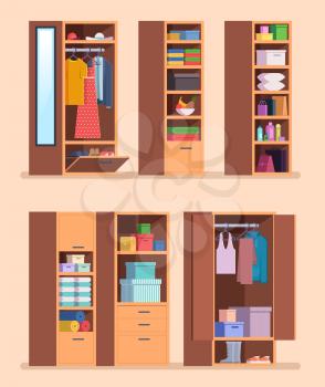 Organized wardrobe. Shelves with clothes interior furniture for jackets pants and shoes vector cartoon set. Wardrobe clothing, shelf in furniture illustration