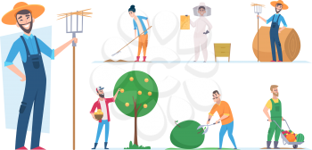 Farmers characters. Agricultural workers ethnic people vector illustrations cartoon. Character farmer worker, farming man with pitchfork