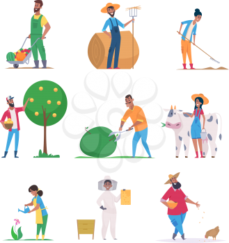 African gardeners. American black farmers working at field vector illustration characters. African-american working gardener, plantation farmer