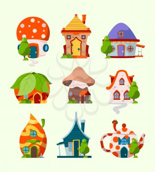 Cute funny houses. Magic fairytale buildings leprechaun room elf forest castles vector cartoon pictures. Illustration mushroom and teapot cottage, magical funny home