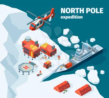 Meteorological north station. Polar north pole background explorer tourism antarctica buildings vector isometric. Ice sea shore with equipment for exploration illustration