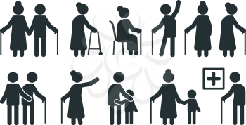 Elderly people symbols. Old persons stylized pictogram seniors in various pose vector set. Elderly stylized pictogram, pose walking silhouette illustration