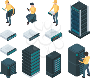 Technician in server room. Computer lan master with router communicate hardware cabling tech processes vector isometric set. Illustration technician server, data engineer and security service storage