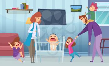 Large family. Tired parents and active children. Parenthood, mother father kids in room vector illustration. Tired family, mother and father with kids