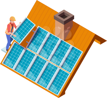 Solar panels installation. Worker making modern eco suny panel on roof renewable electricity systems vector isometric concept. Illustration construction supply, install renewable solar panel