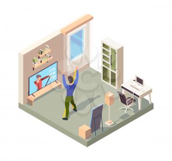Online fitness. People standing alone at home room in active pose making sport exercise workout training vector isometric. Illustration fitness workout exercise, sport active online, activity training