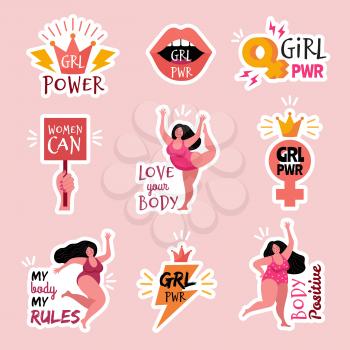 Feminist badges. Body positive power female characters girls trendy vector sticker. Feminism slogan movement, confident and empowerment illustration