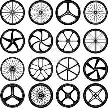 Bicycle wheels. Tires silhouettes bike wheels with metal spokes vector symbols collection. Illustration tire rubber for cycle transportation
