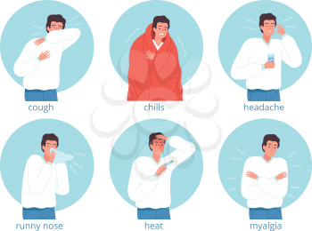 Sick characters. Flu persons hospital bed headache illness medical problems vector characters. Illustration sick and flu character, person with influenza