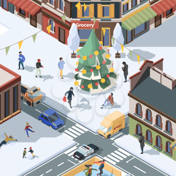 Xmas tree in city. Winter urban landscape with active people walking in snow preparing for holiday garish vector isometric. Christmas holiday, urban xmas tree in city illustration