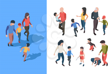 Family walking. Parents playing with kids happy family adolescent person garish vector isometric collection. Family isometric playing with childen illustration