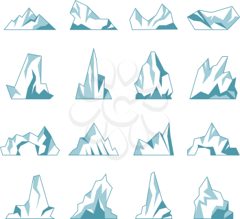 Iceberg. North pole hills winter mountains in ocean freezing ice rock snow recent vector collection. Antarctic north ice freeze, adventure landscape and elements to panorama illustration
