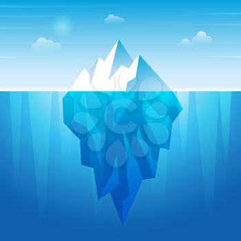 Underwater iceberg. Flowing ice rock in ocean water frozen mountain recent vector background. Illustration north ice under ocean, iceberg cold polygon