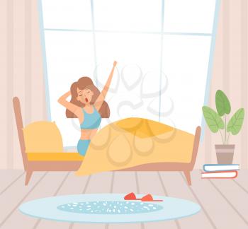 Wake up girl. Woman in bed yawning. Sunny morning, start good day vector illustration. Bedroom and awake young person, resting morning