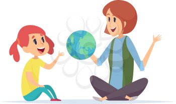 Geography lesson. Girl, teacher and globe, woman tell about planet. Young traveler or explorer new lands, dreams about travel vector illustration. Education school, learning and teaching geography