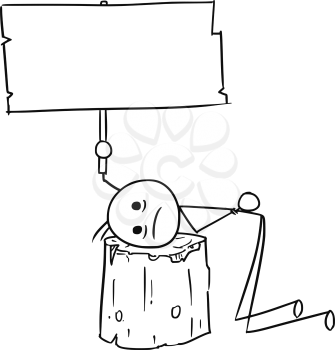 Cartoon vector stick man men sentenced to death with head placed on wooden execution block and holding empty sign