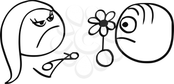 Cartoon vector of  man and woman on date. Man with flower and angry offended woman with arms crossed