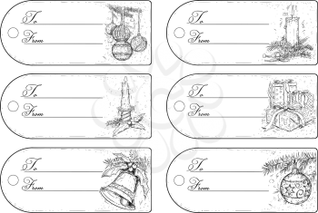 Hand drawing vector illustration of six decorative christmas tag designs.
