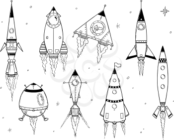 Set of cartoon vector doodle drawing of space ships spacecrafts rockets.