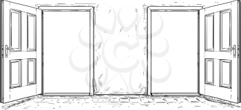 Cartoon vector doodle drawing of two open wooden decision door. Two choices or ways.