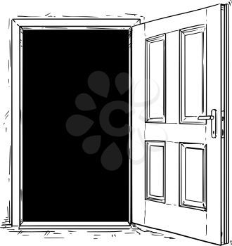 Cartoon vector doodle drawing illustration of open wooden decision door.