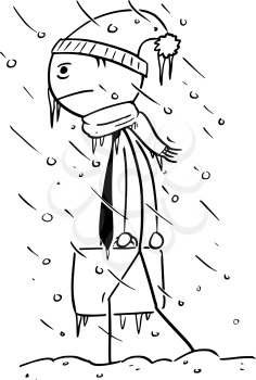Cartoon stick man drawing illustration of cold chilled businessman walking to office during winter storm.
