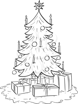 Cartoon drawing illustration of Christmas spruce or fir tree with gifts or presents around.