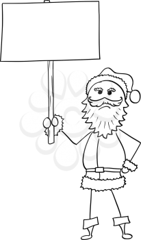 Cartoon drawing illustration of Angry Christmas Santa Claus holding Empty Blank Sign.