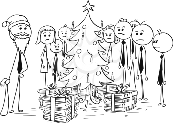 Cartoon stick man drawing illustration of group of business people standing around  Christmas tree; boss in Santa Claus costume is giving them more paper files work as gift.