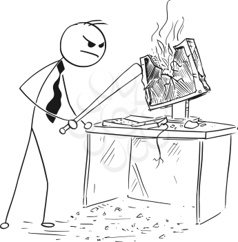 Cartoon stick man illustration of angry businessman destroying smashing computer with baseball bat.