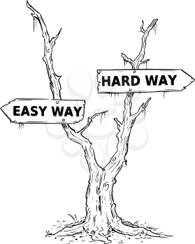 Vector drawing of dead swamp or desert tree with easy or hard way business decision arrow signs. 