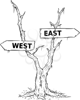Vector drawing of dead swamp or desert tree with west or east business decision arrow signs. 